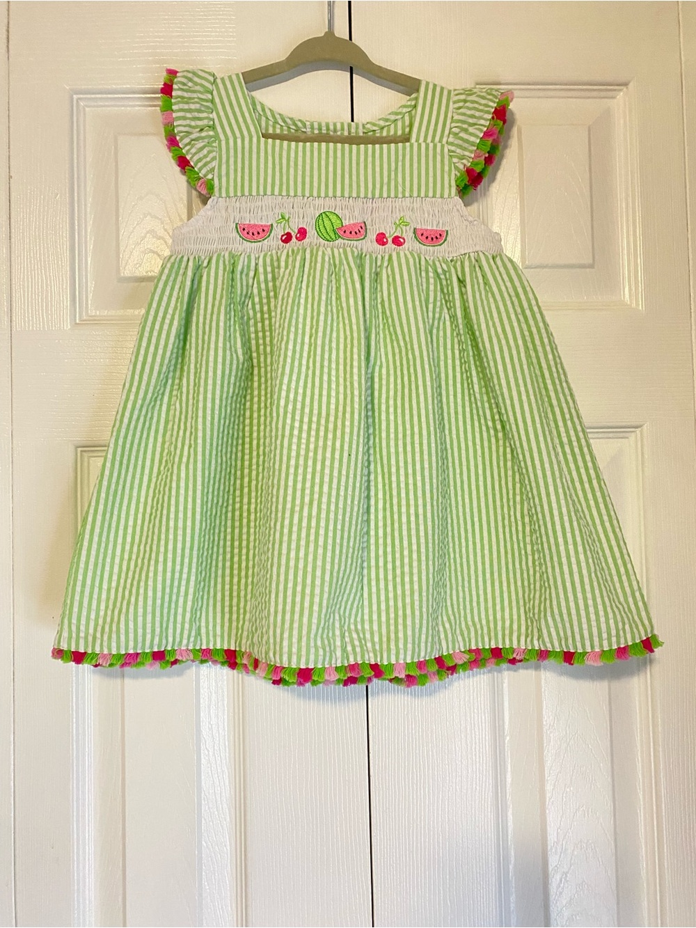 Good Lad Green and Pink Striped Smocked Dress Watermelon Cherry Fringe Trim